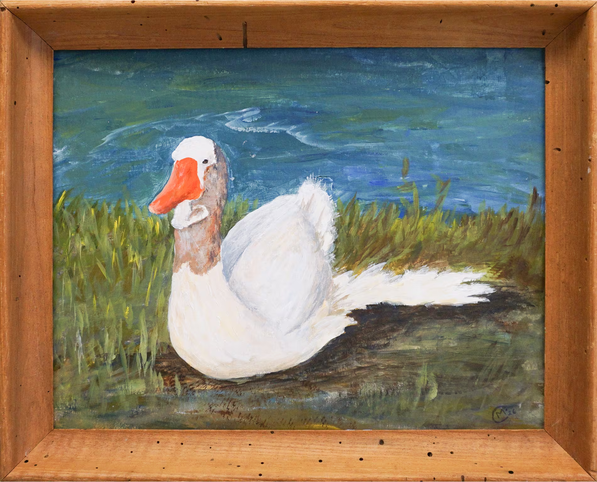 A painting of a white duck with an orange beak resting on grass near water.