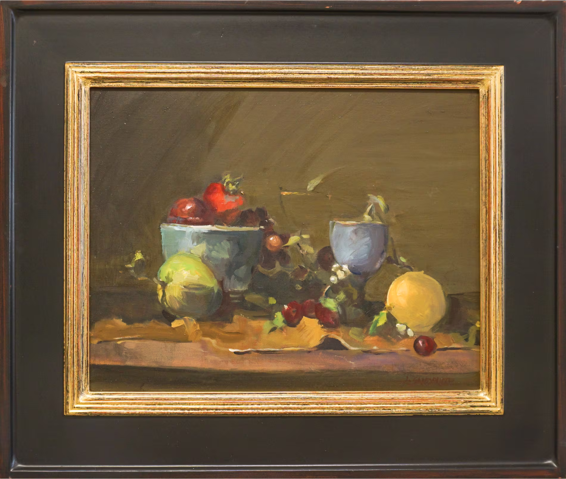 A still life painting featuring bowls with various fruits, including apples and lemons, on a table.