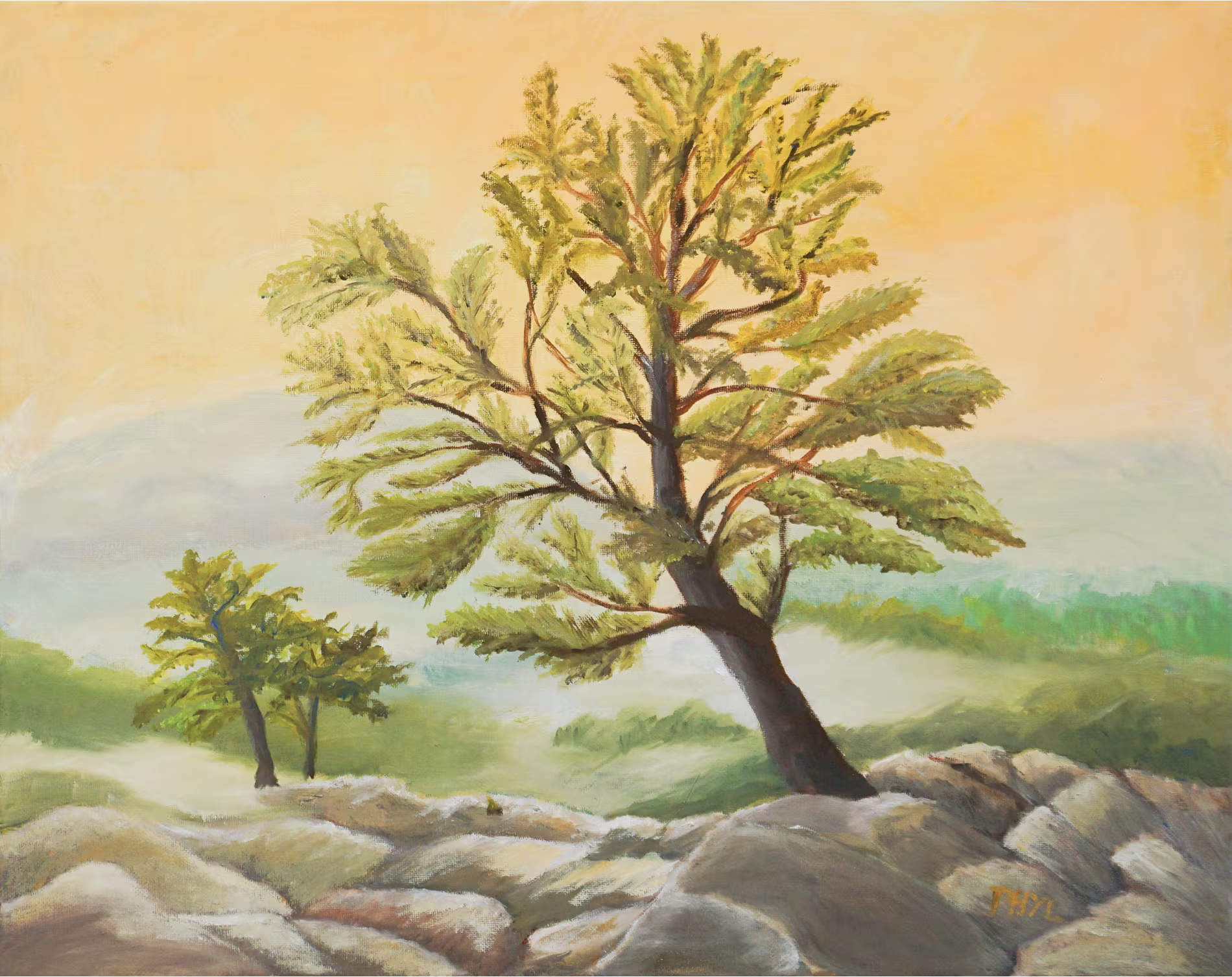 A painting of two trees on rocky terrain with a soft, orange sky in the background.