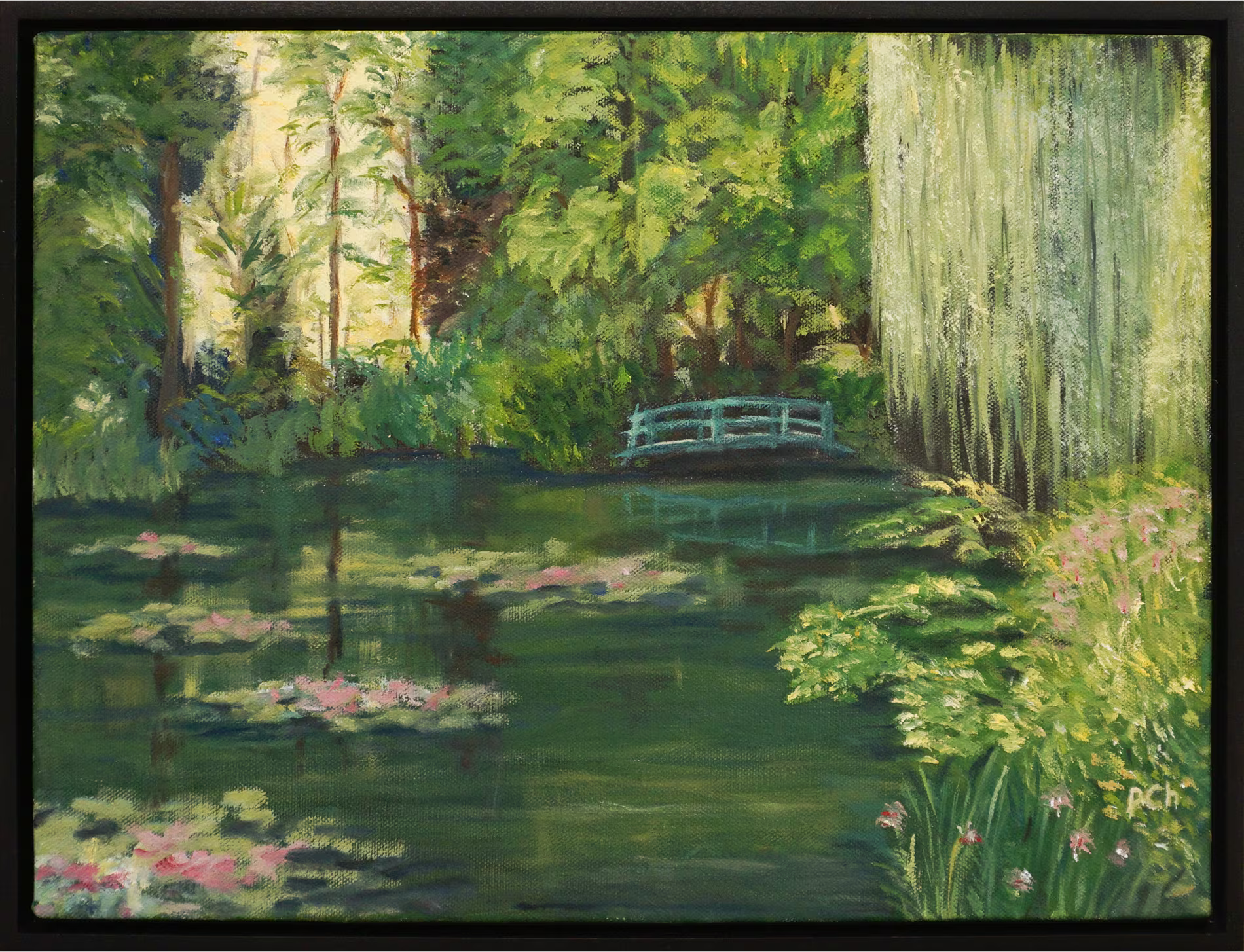 Painting of a serene garden with a pond, water lilies, and a small arched bridge.