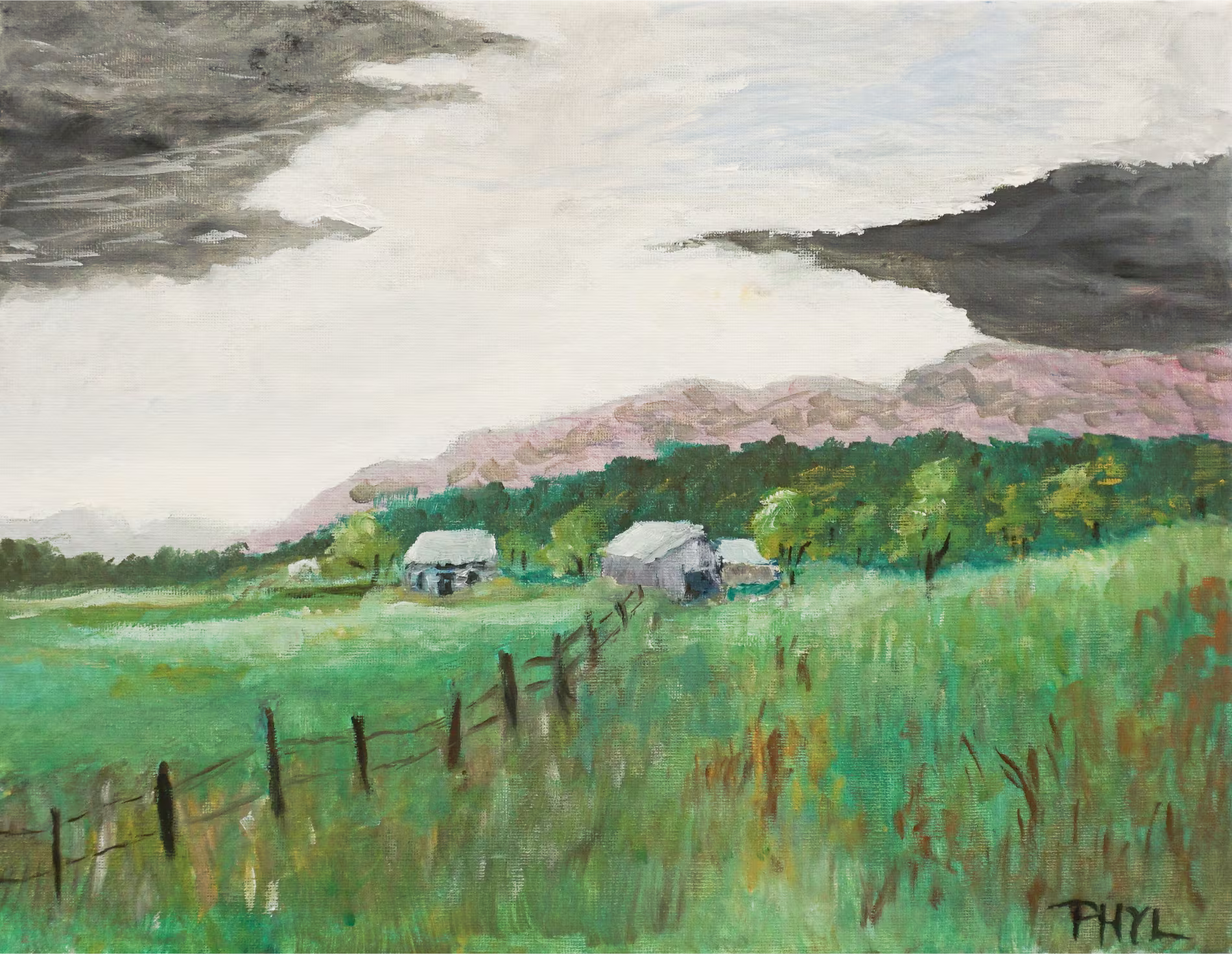 Painting of a rural landscape with a fence, two houses, and a stormy sky.