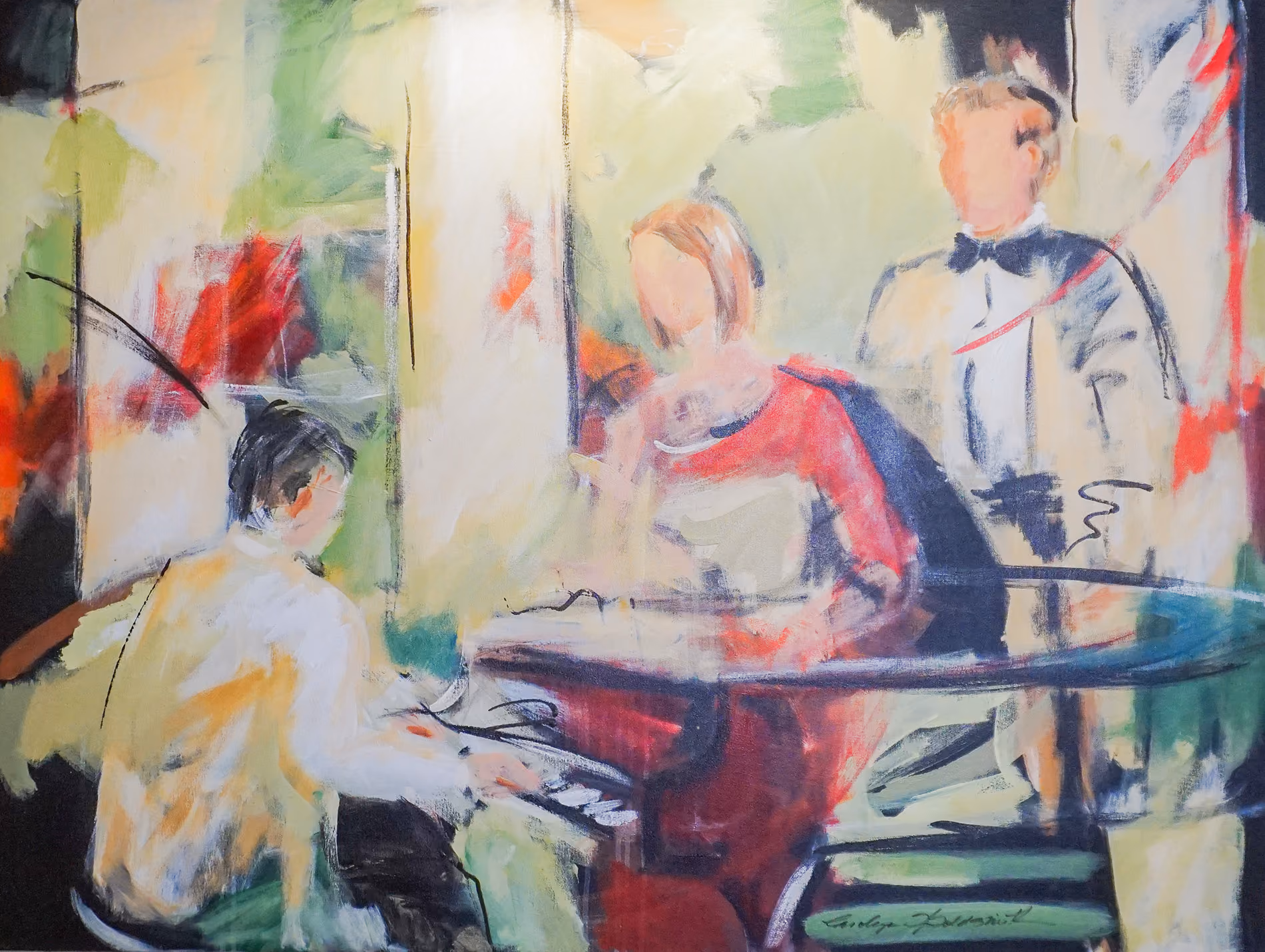 Three abstract figures appear near a piano, with one playing and two standing nearby.