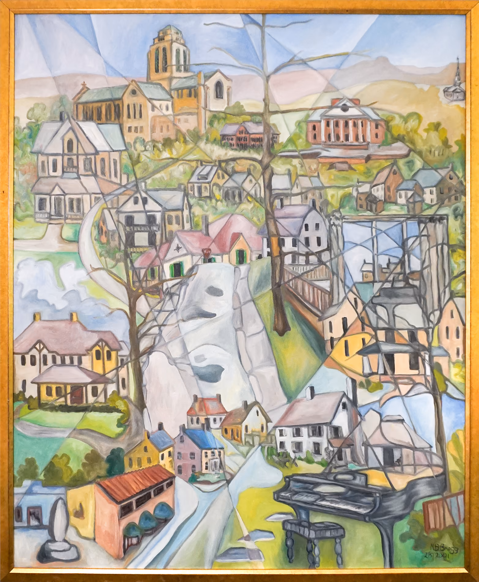 Colorful painting of a town with various buildings on a hillside, including a church and houses.