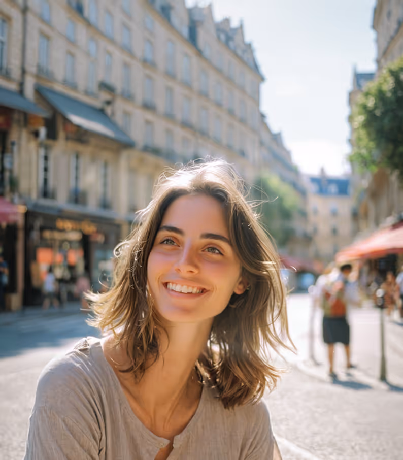 Smiling young woman with shoulder-length hair sitting outdoors in a European city street on a sunny day.