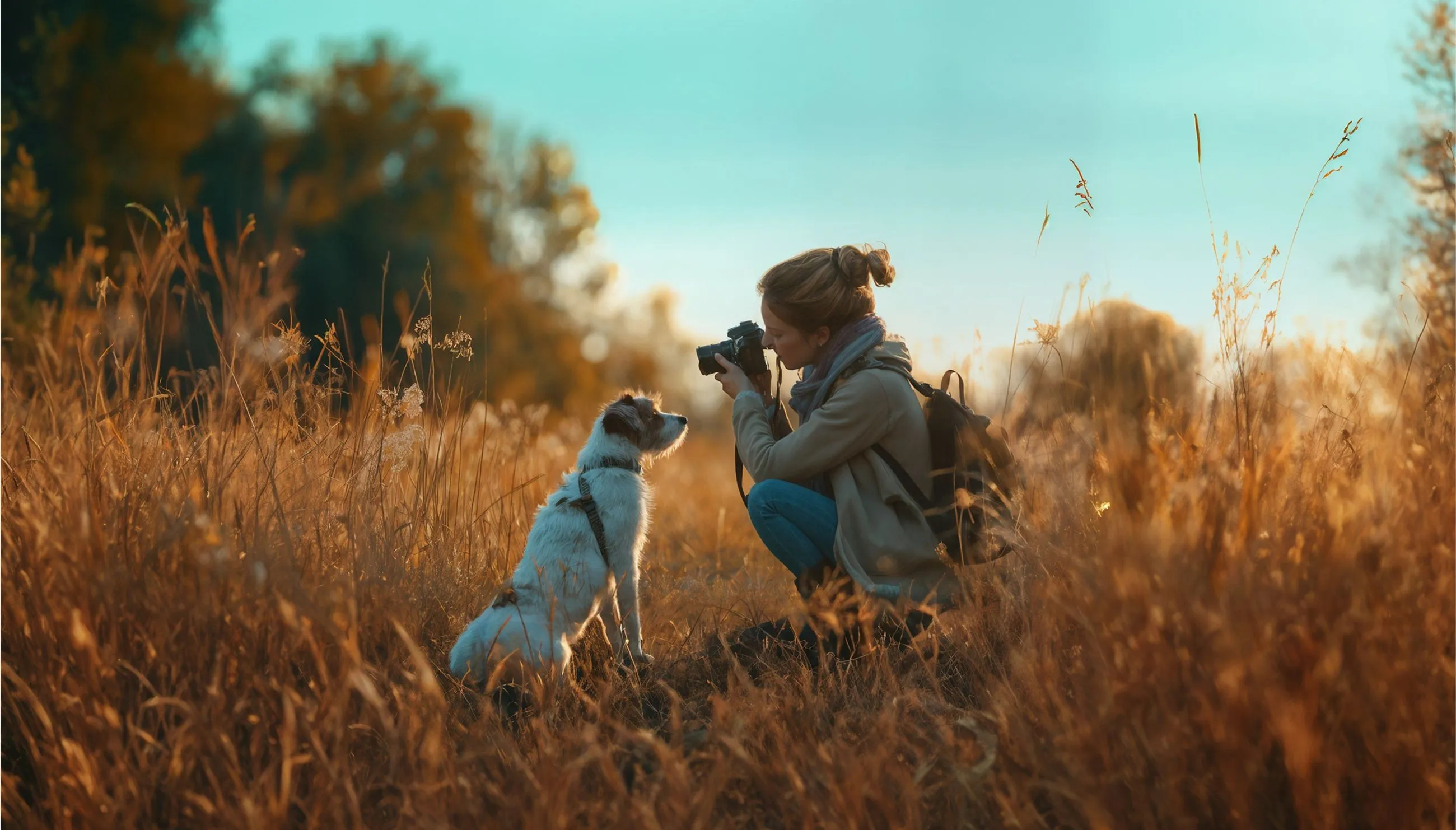 Woman crouching in tall grass, taking a photo of a sitting dog facing her during sunset.