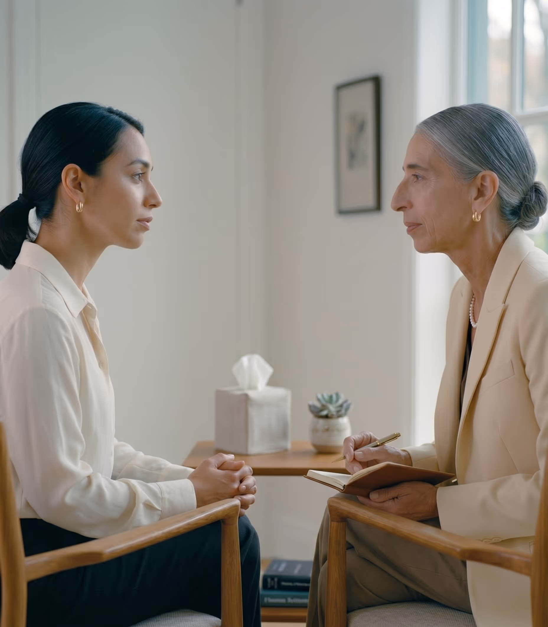 Two women seated facing each other, one taking notes, in a calm office setting with a tissue box and plant.