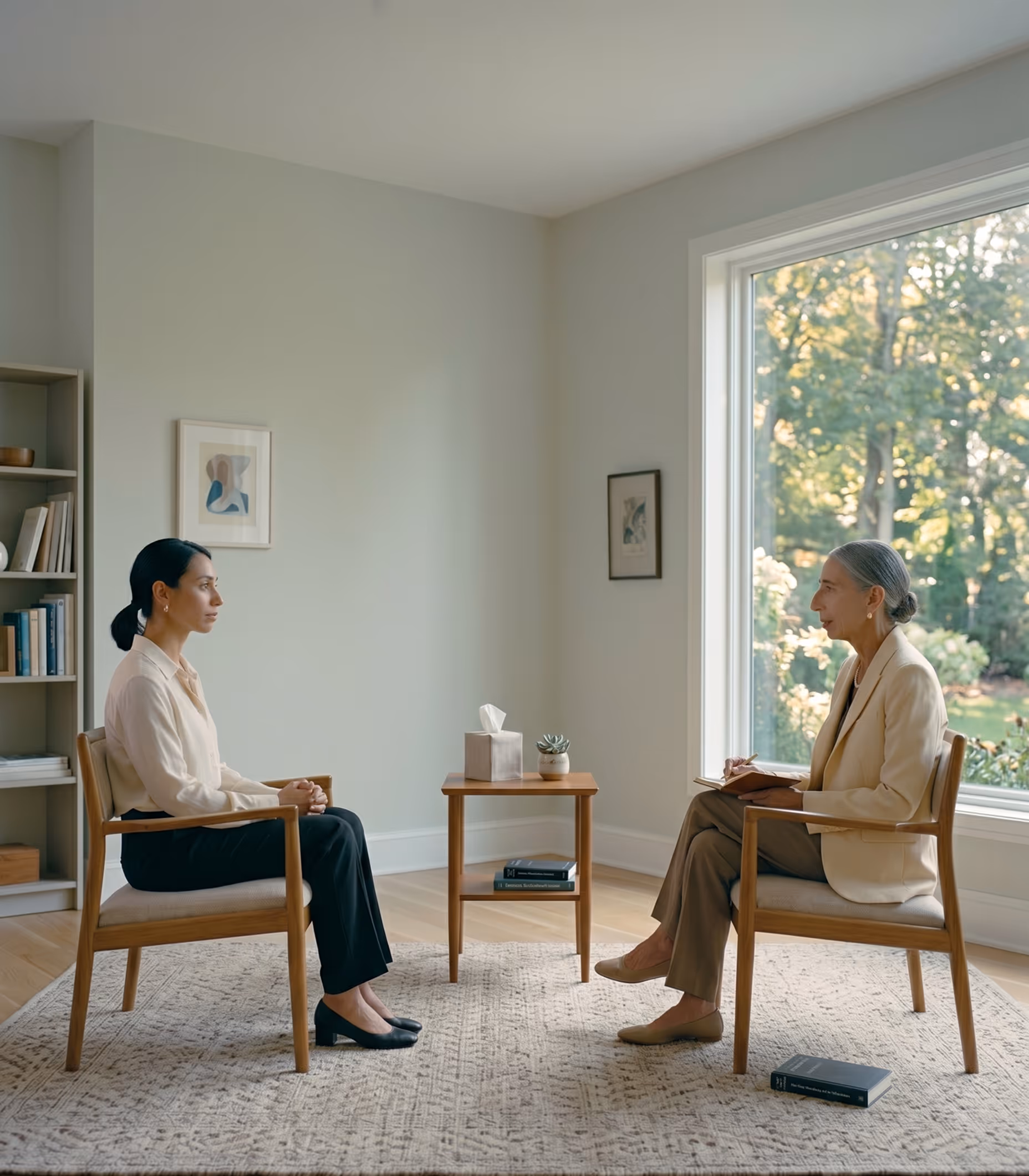 Two women seated facing each other in a bright room, one taking notes, the other listening.