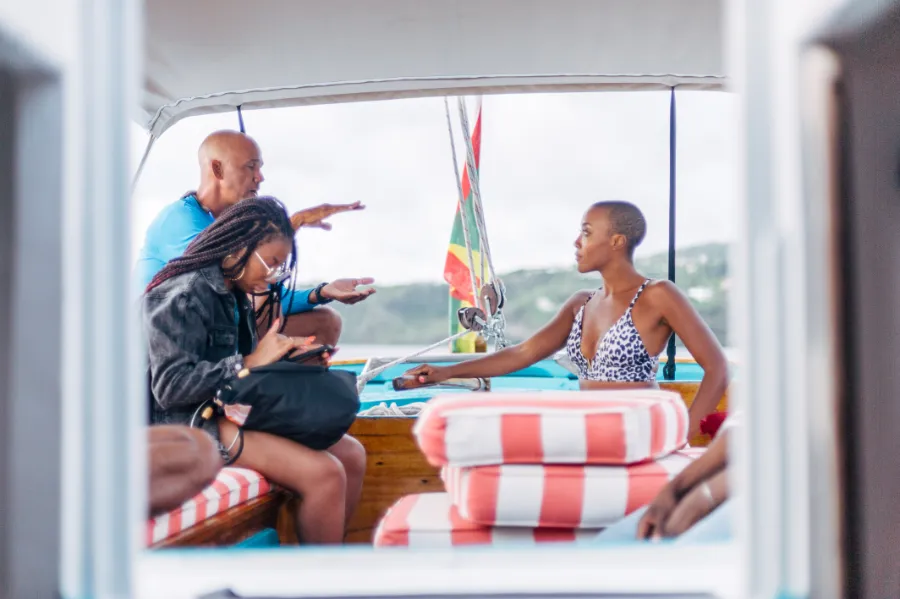 Guests relaxing together aboard Savvy Sailing Grenada