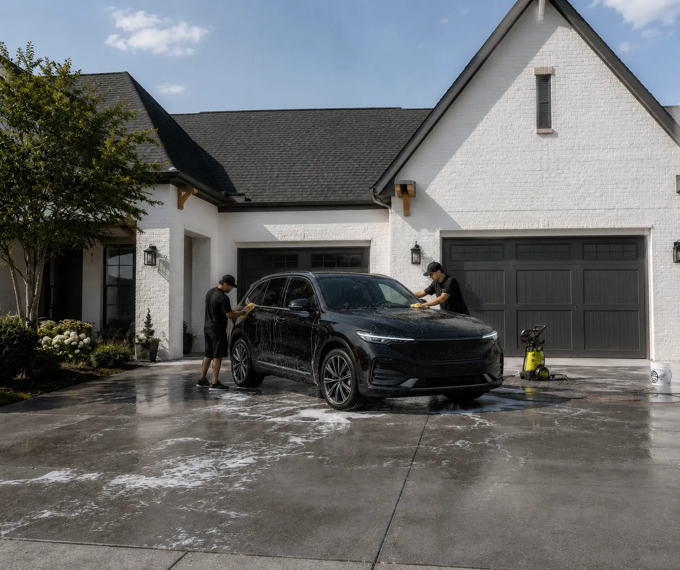 Two men washing a black SUV covered in soap in a driveway outside a white house with dark garage doors.