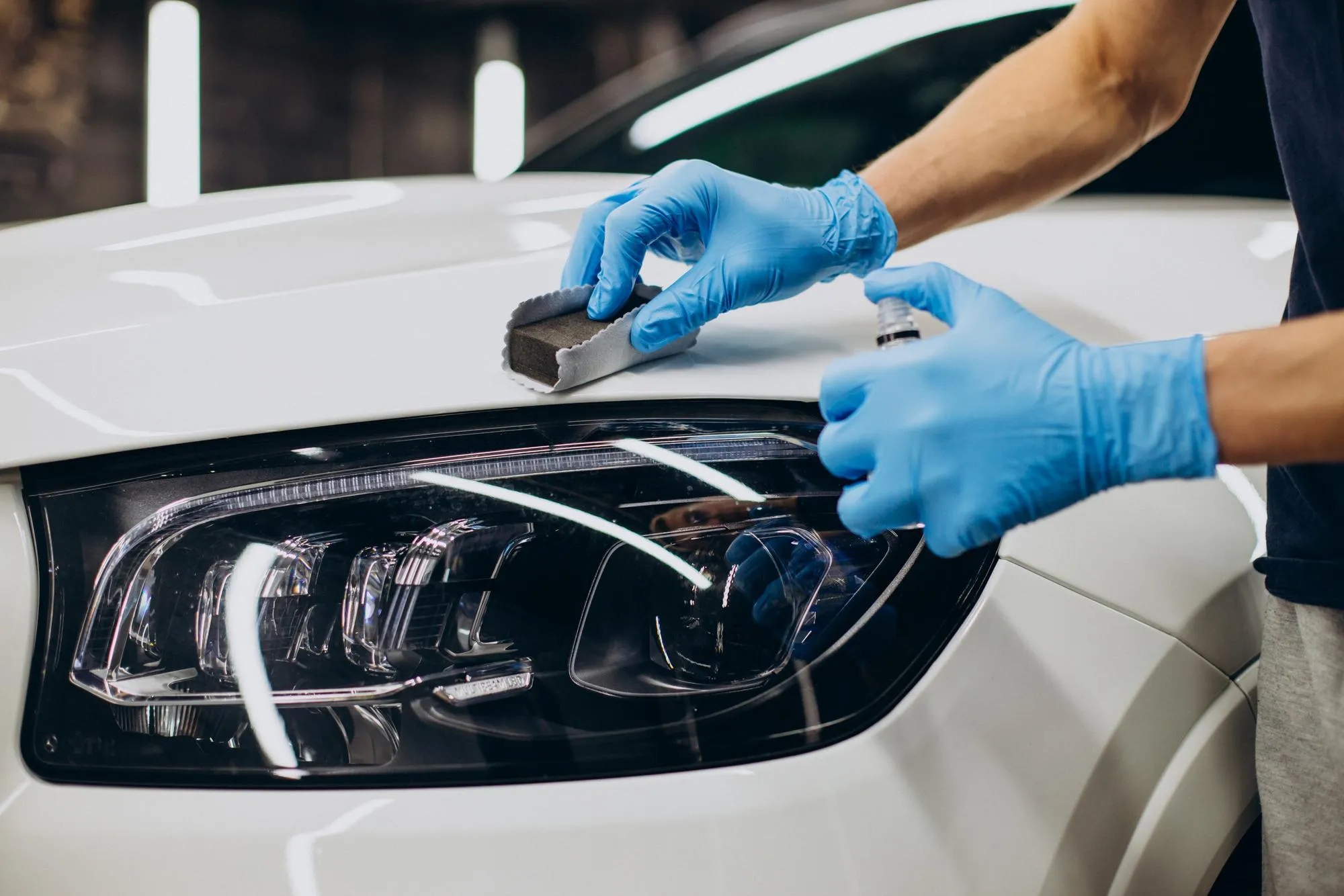 Person wearing blue gloves applying polish to a white car's front hood near the headlight.