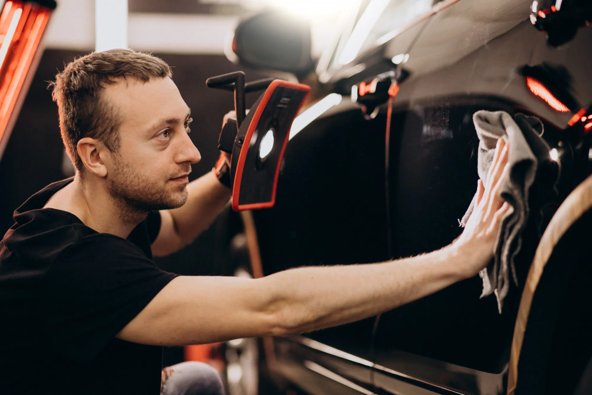Man inspecting and polishing a black car's body with a cloth and light in a workshop.
