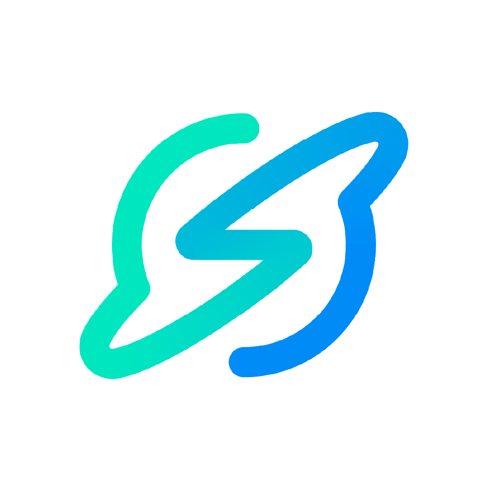 Blue and teal gradient abstract symbol resembling a lightning bolt and curved shapes.