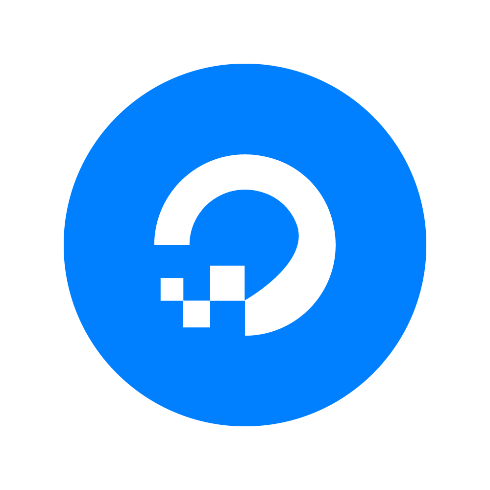 DigitalOcean logo with white stylized D and pixel squares on a blue circle background.