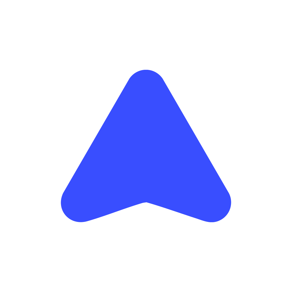 Blue rounded triangle shape pointing upward on a white background