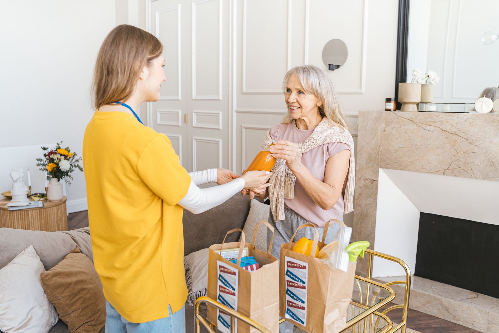 A home care aide helping an older woman with groceries