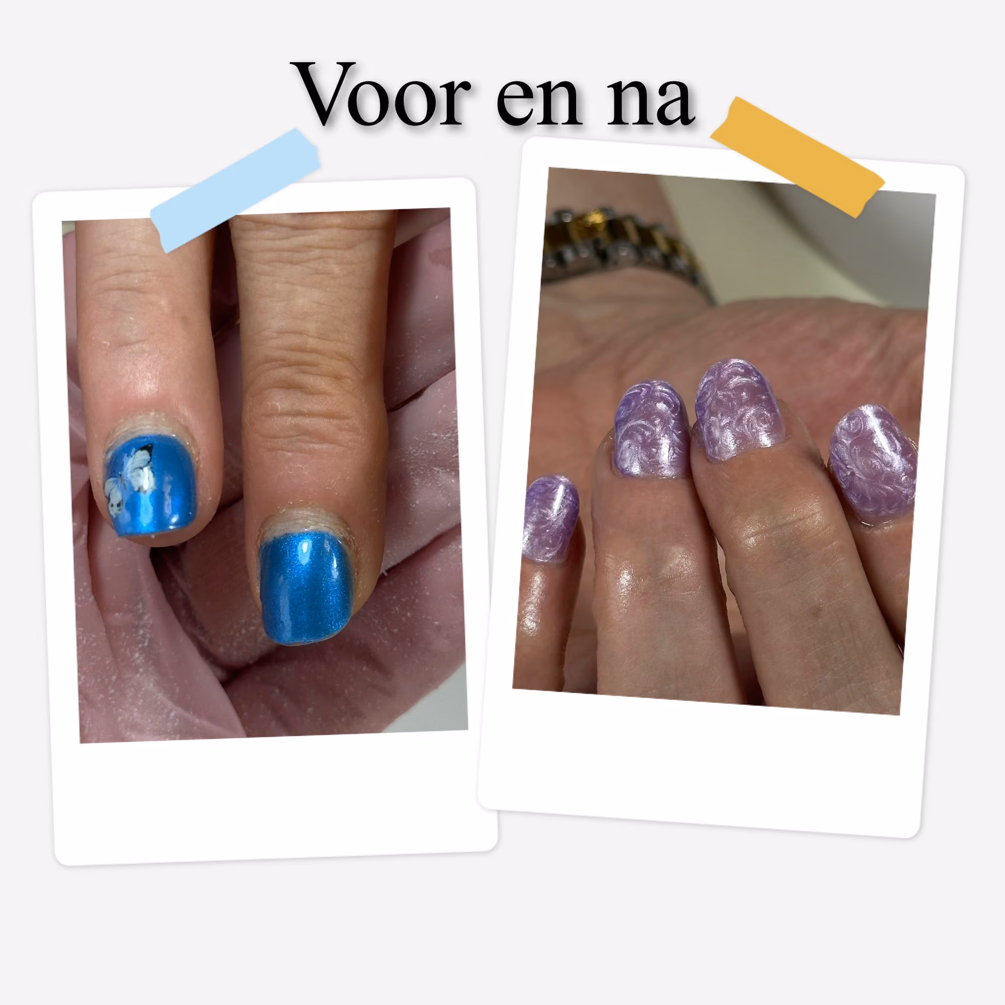 Before and after photos of nails: blue polish with butterfly and purple textured polish designs.