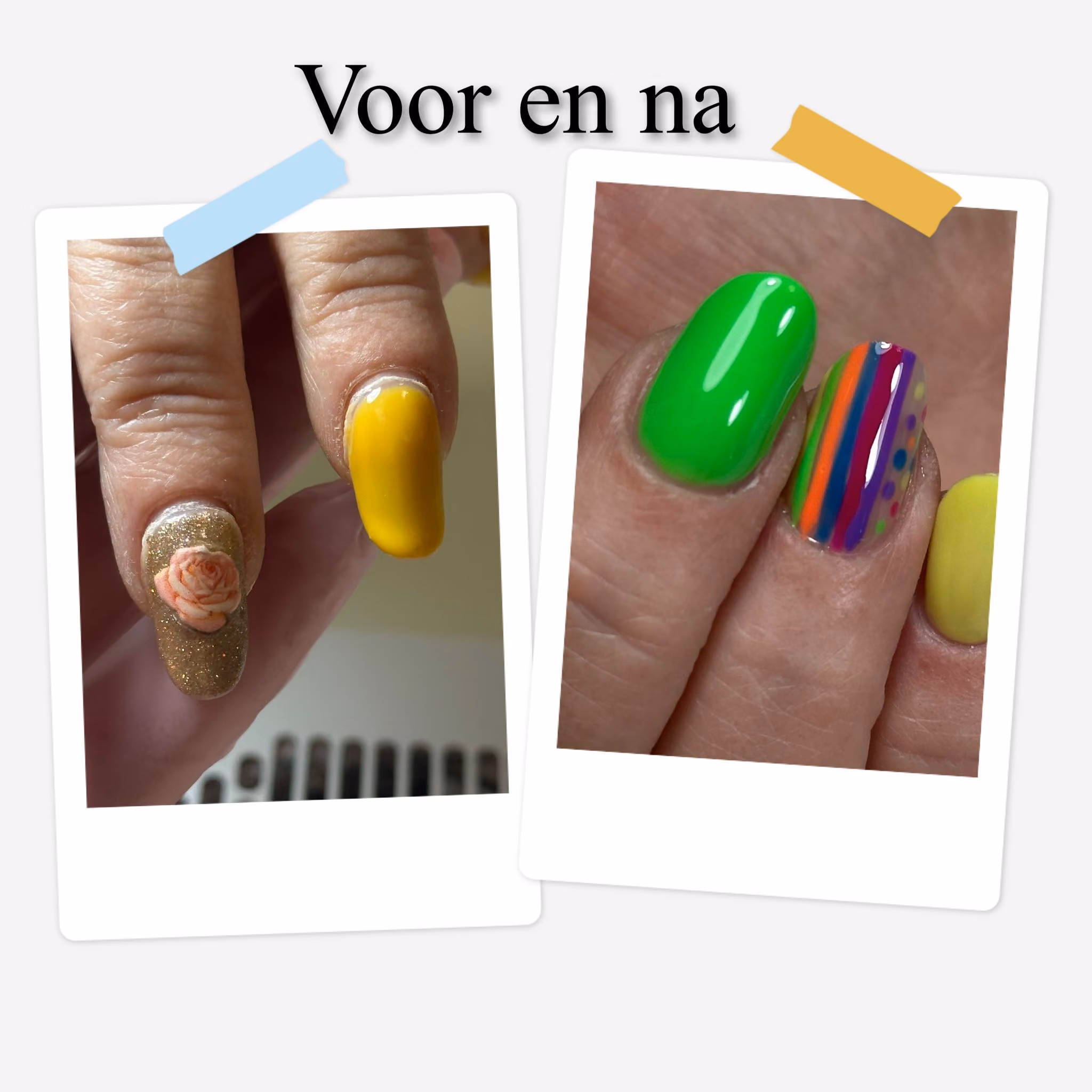 Before and after nail designs: yellow nails with a rose and glitter, then neon green and colorful stripes.