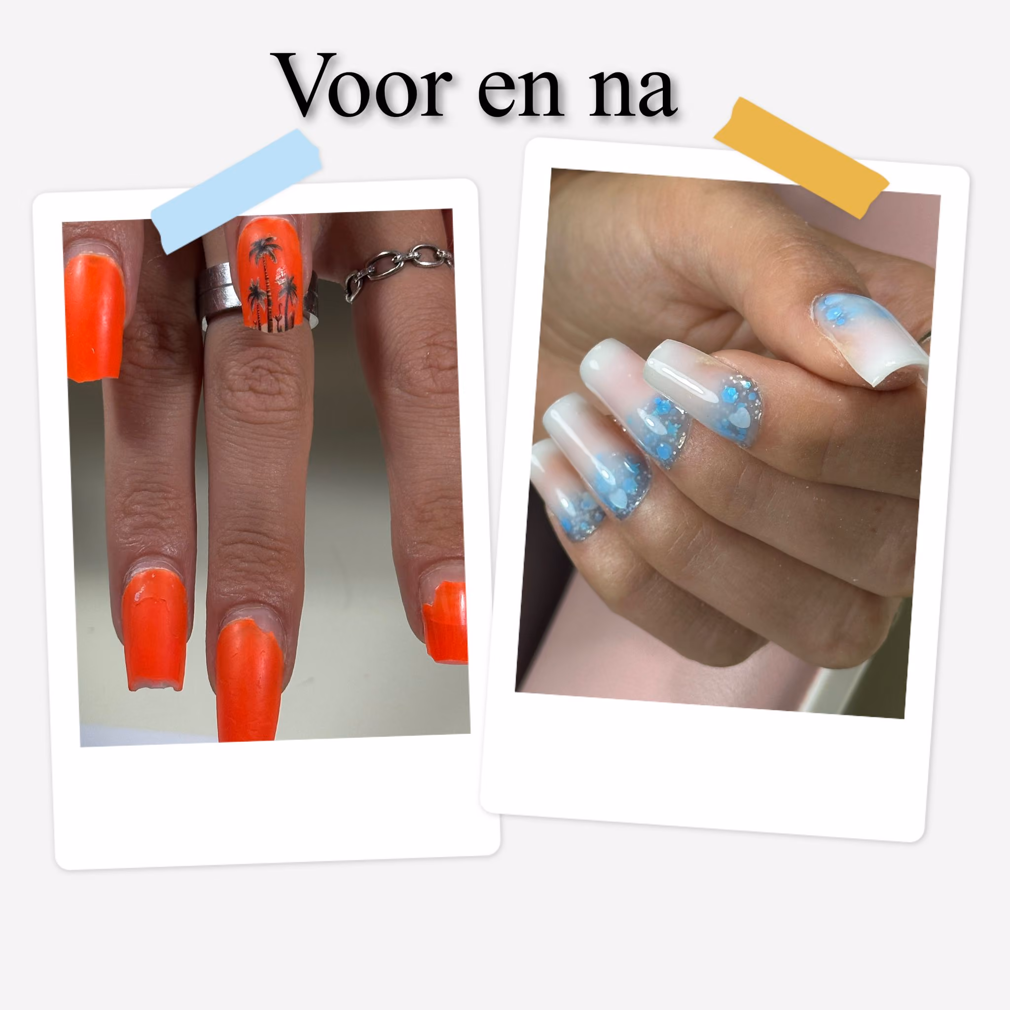 Side-by-side photos of broken orange nails and repaired nails with blue ombre and glitter design.