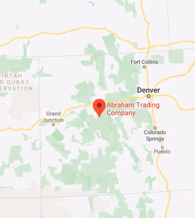 Map showing Abraham Trading Company near Grand Junction, Colorado, west of Denver and Colorado Springs.