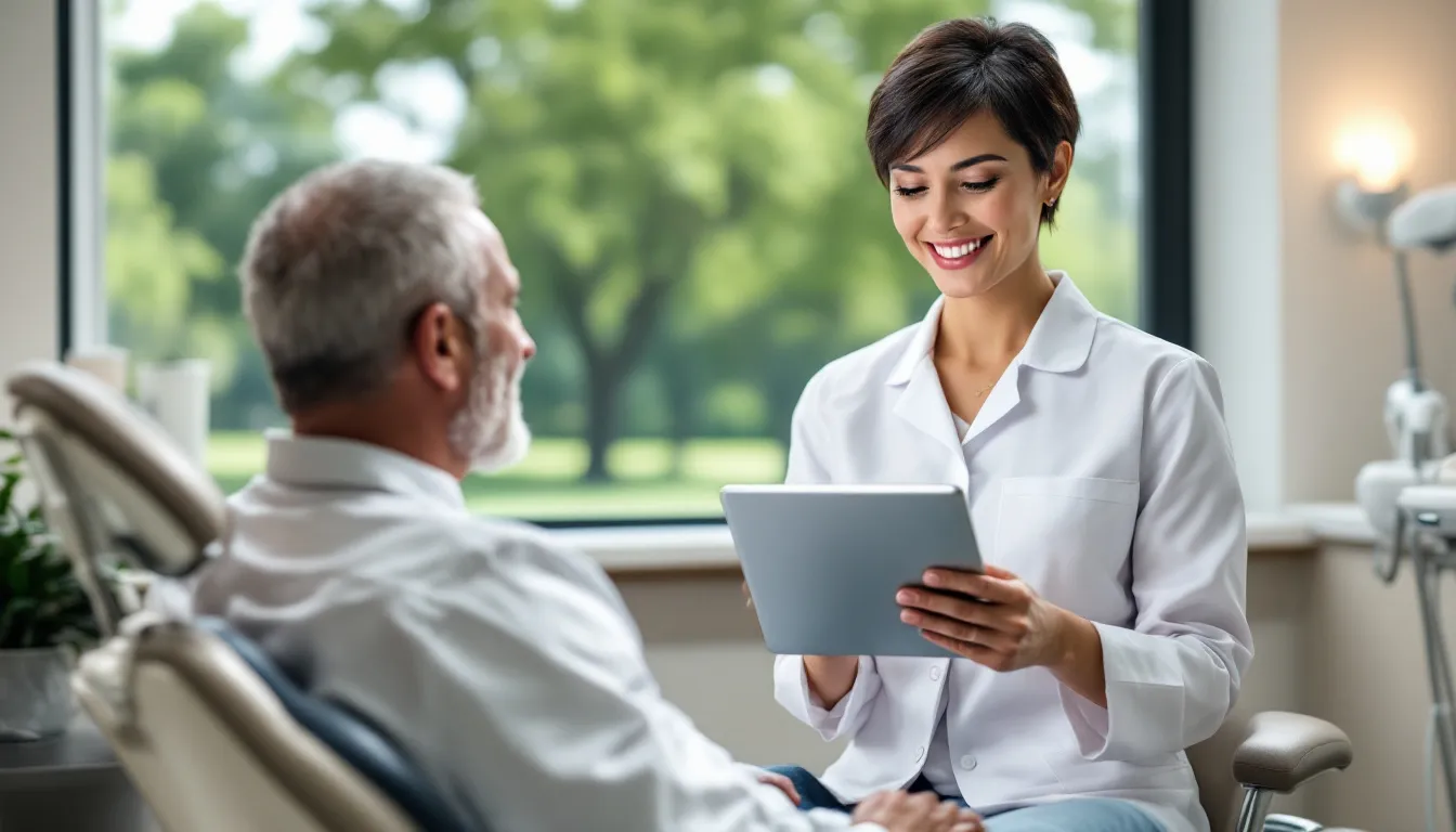 A dental professional using a tablet to enhance patient engagement during follow up appointments.