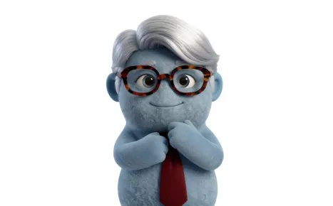 Blue 3D cartoon character with white hair, wearing glasses and a red tie on a white background.