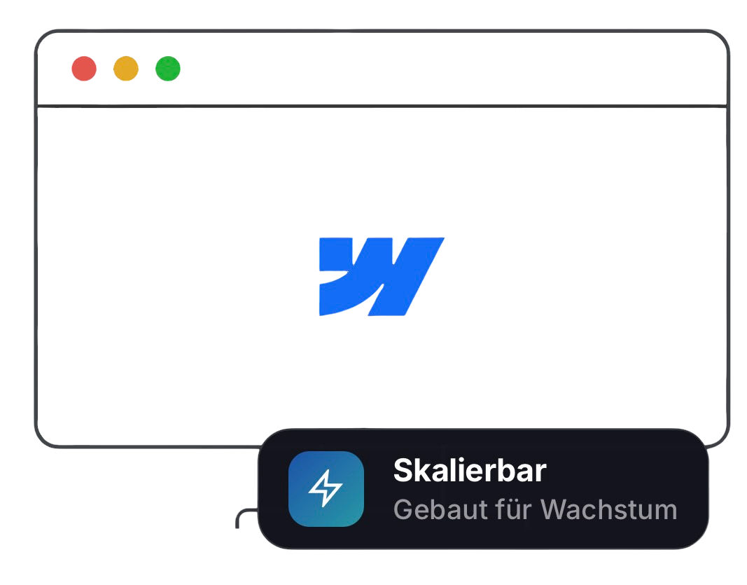 Browser window with a stylized blue W logo and a label reading Skalierbar Gebaut für Wachstum.