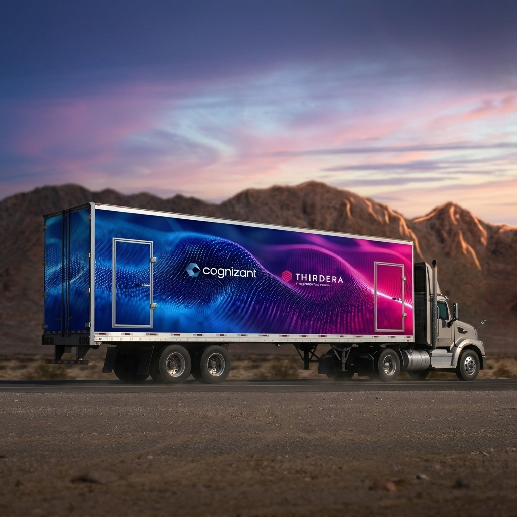 Semi-truck with trailer featuring Cognizant and Thirdera logos traveling on desert road at sunset.