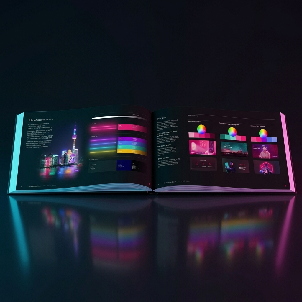 Open brand book showing neon cityscape and colorful digital design elements on glossy pages.
