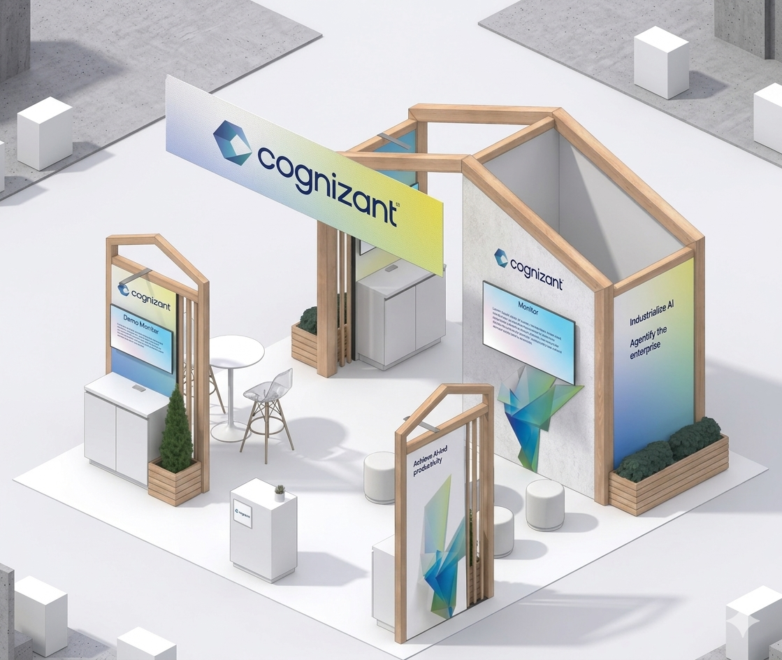 Cognizant exhibition booth with wooden frames, digital screens, seating, and branded signage.