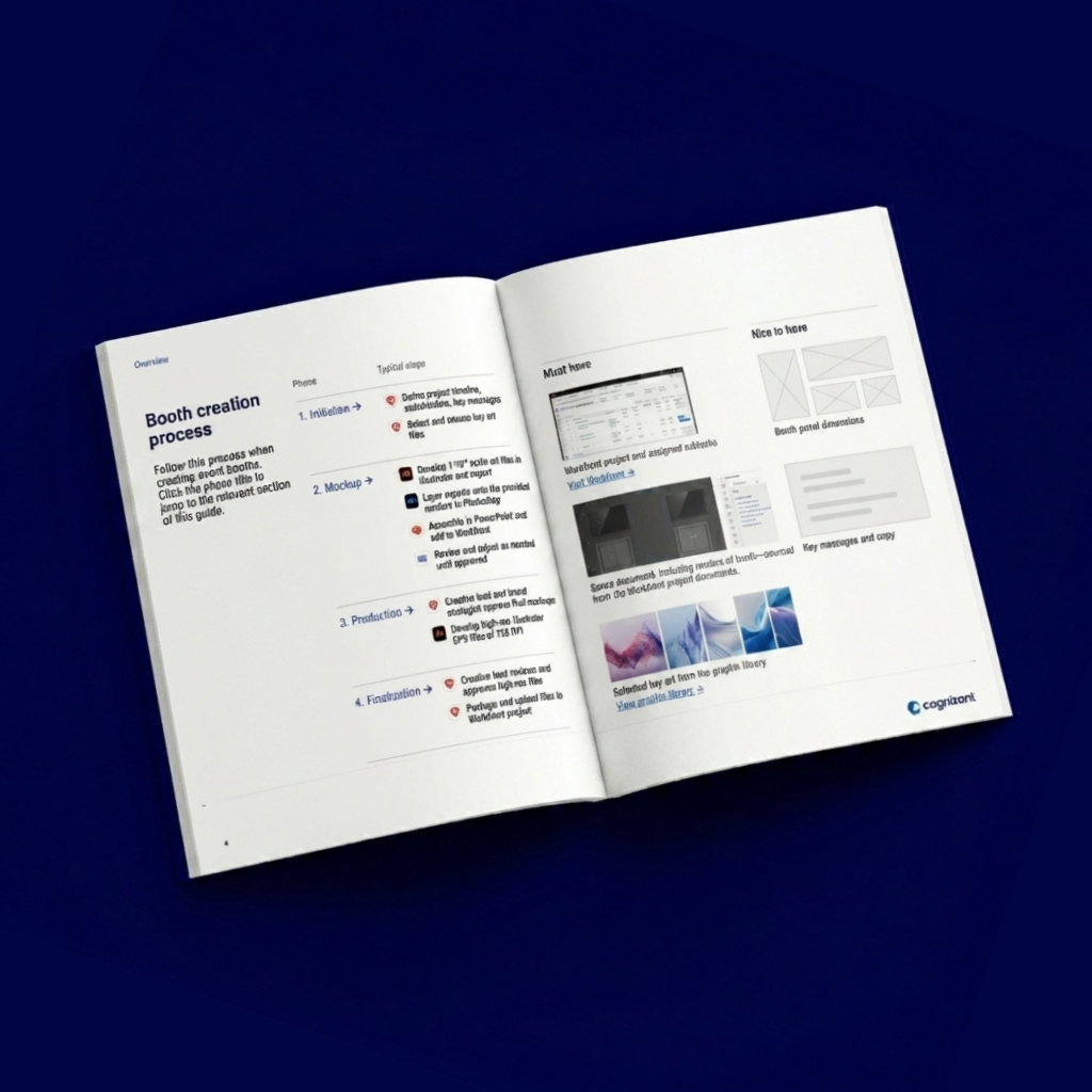 Open booklet displaying the booth creation process with phases, steps, images, and diagrams on a blue background.