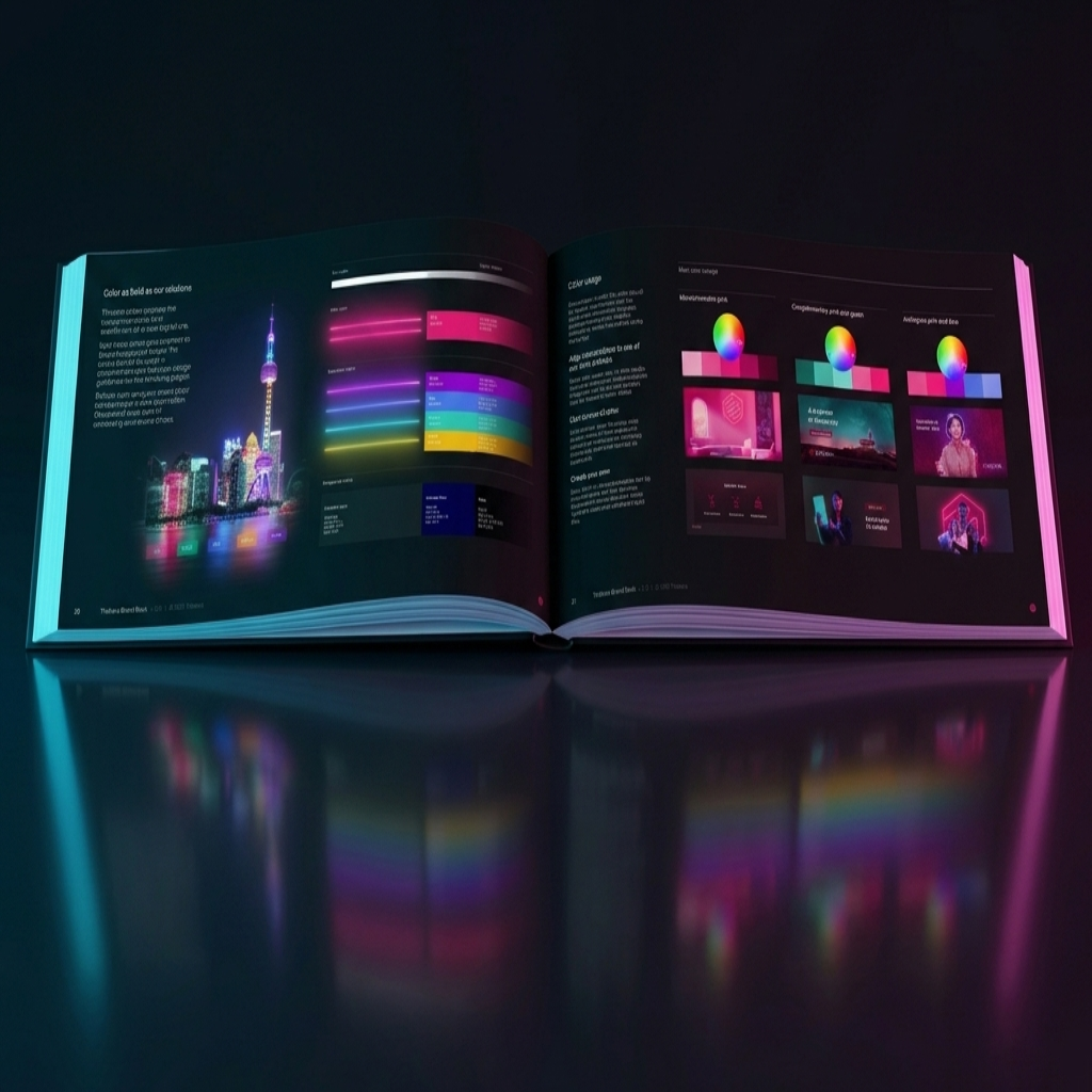 Open brand book with neon-colored charts, color palettes, and a city skyline illustration on dark background.