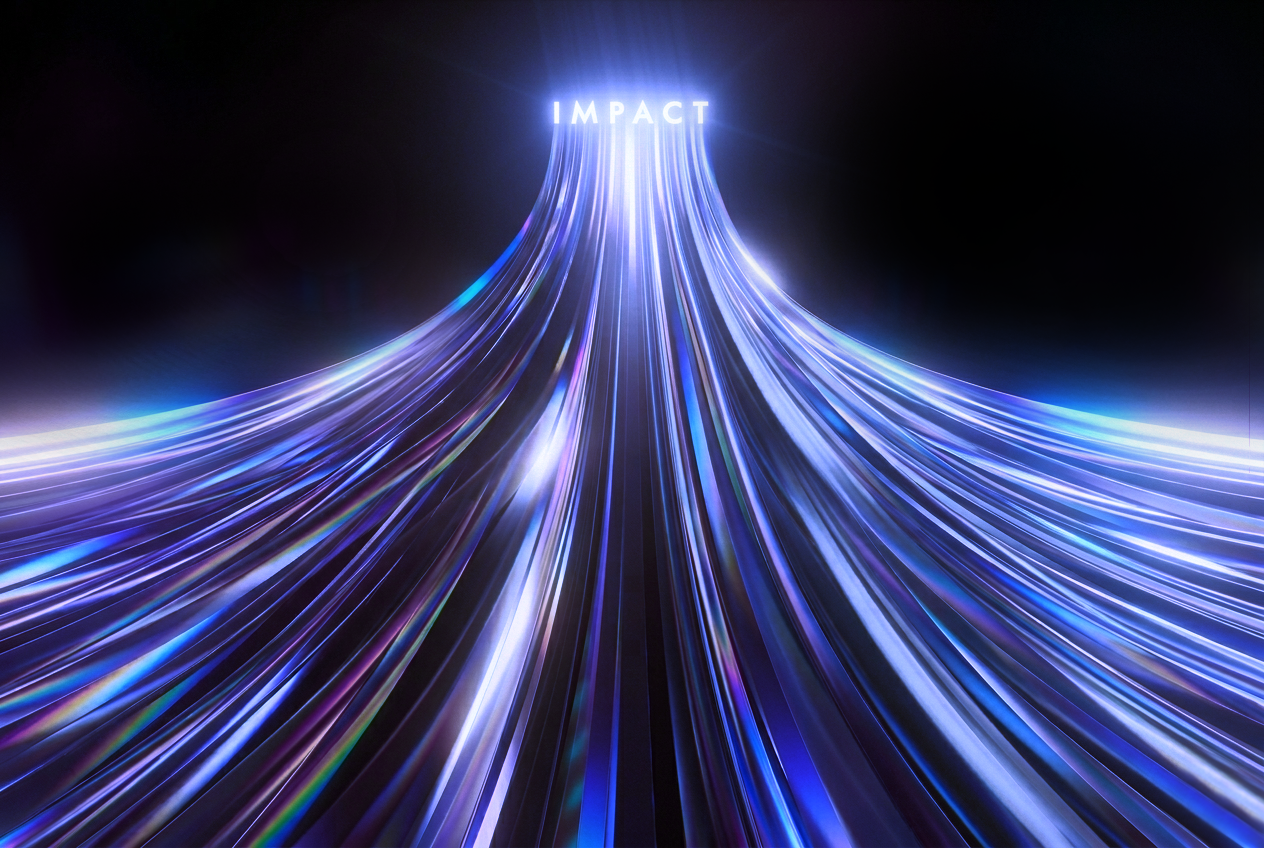 Blue and purple light trails converging upward to the glowing word IMPACT on black background.