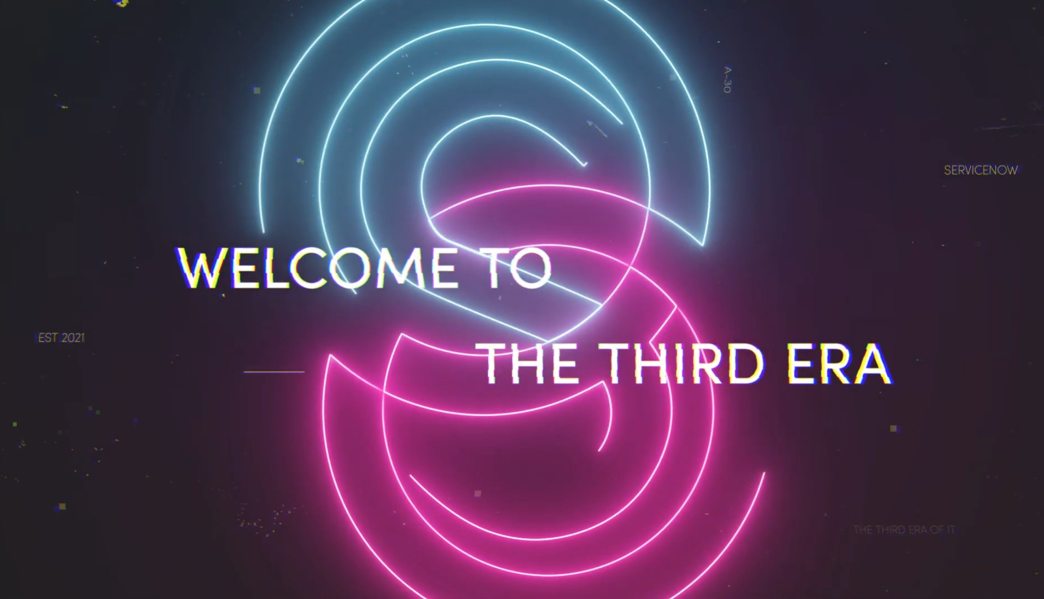 Neon blue and pink glowing curves with glitch text saying Welcome to the Third Era on dark background.