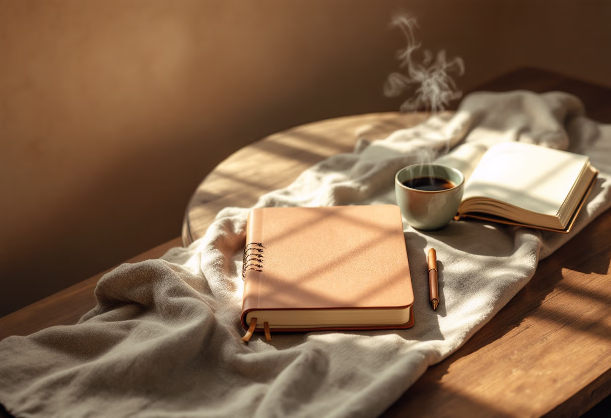 image of a notebook and coffee cup on a table (for a productivity tools business)