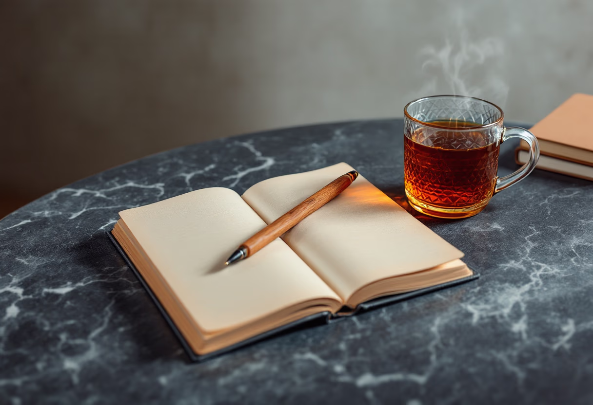 image of a notebook and coffee cup on a table (for a productivity tools business)
