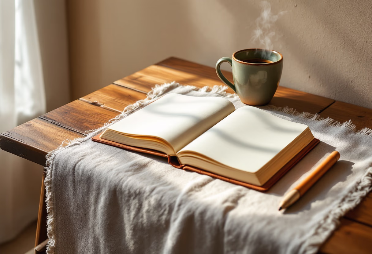 image of a notebook and coffee cup on a table (for a productivity tools business)
