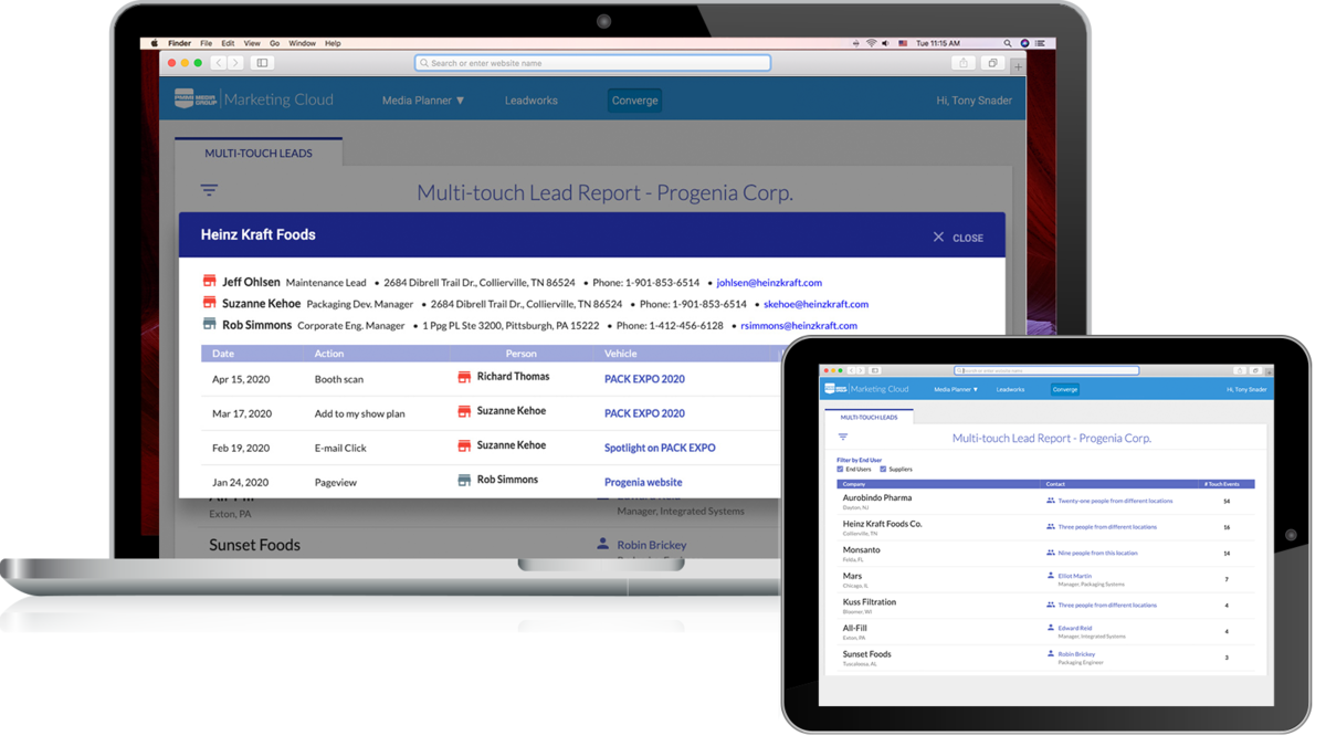 Mockup of a laptop and tablet screen showing PMMI Media Group software