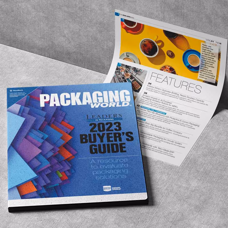 Mockup of Packaging World magazine on a concrete bench
