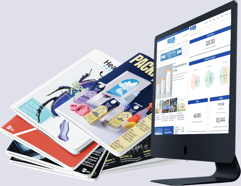 Image of various PMMI Media Group magazines stacked on top of each other next to a computer screen showing PMMI Media Group website