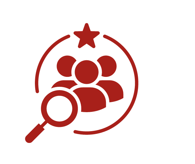 Magnifying glass over 3 heads icon
