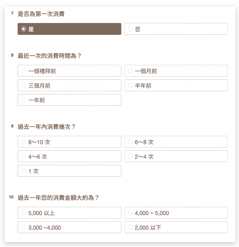 了解消費者購物行為的單選題型問卷頁面