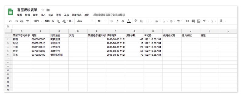 Google 試算表顯示頁面
