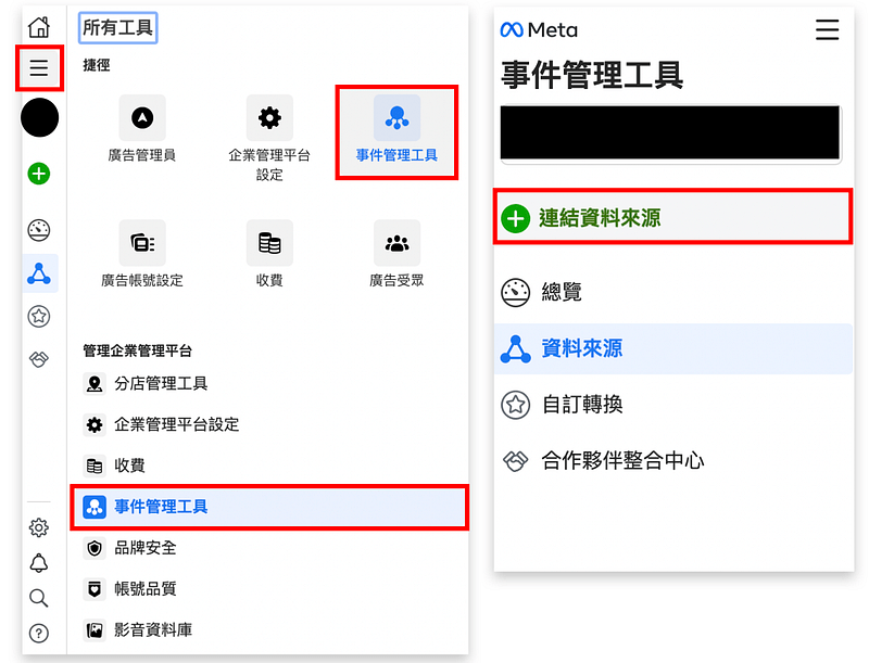 進入到 meta 後台,事件管理工具的資料來源