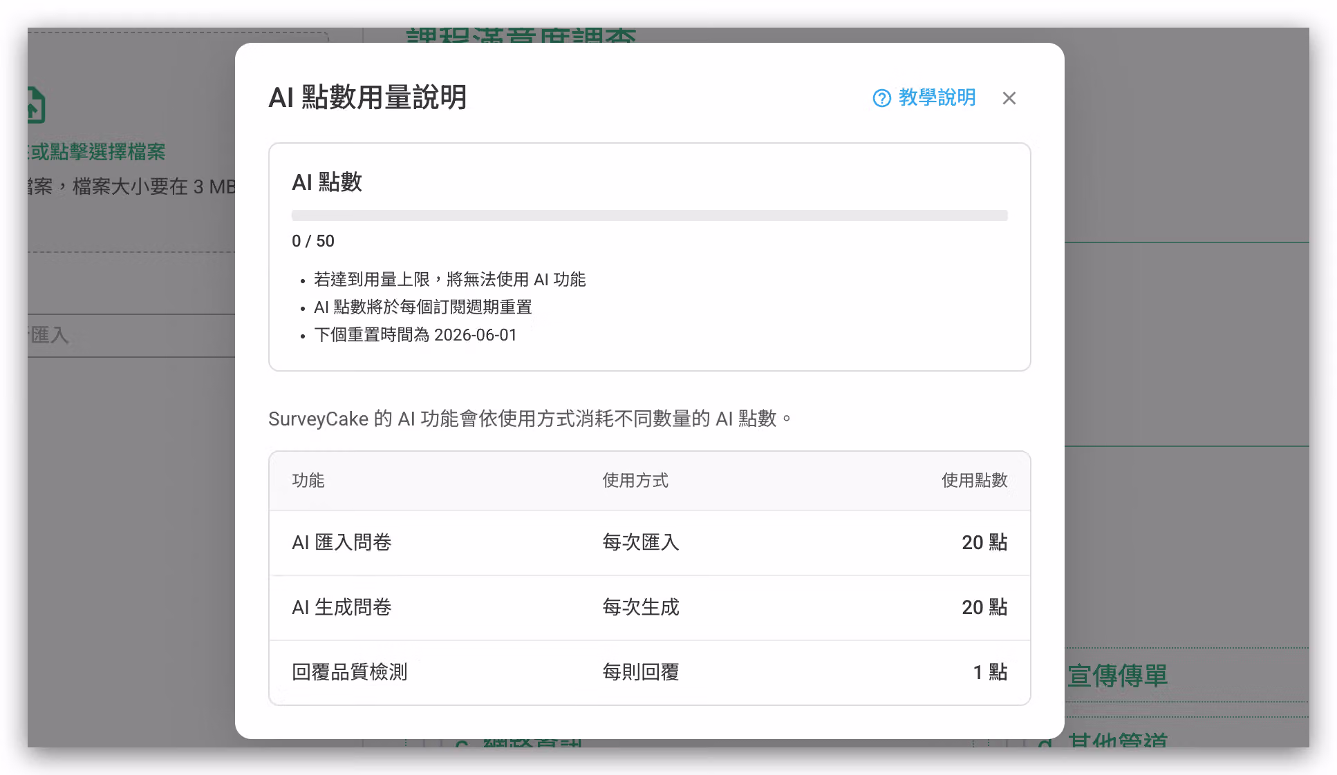 AI 點數扣除紀錄畫面,顯示成功匯入問卷後扣除 20 點 AI 點數