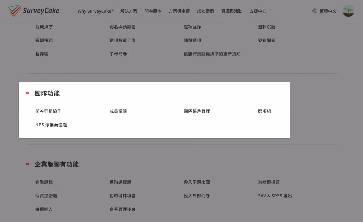 支援中心「問卷相關」分類下團隊功能文章位置的示意圖