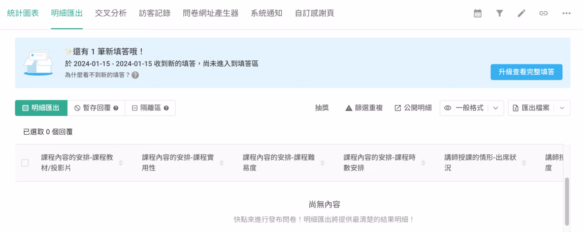 統計圖表頁面上方出現提醒升級才能查看回覆的藍色視窗