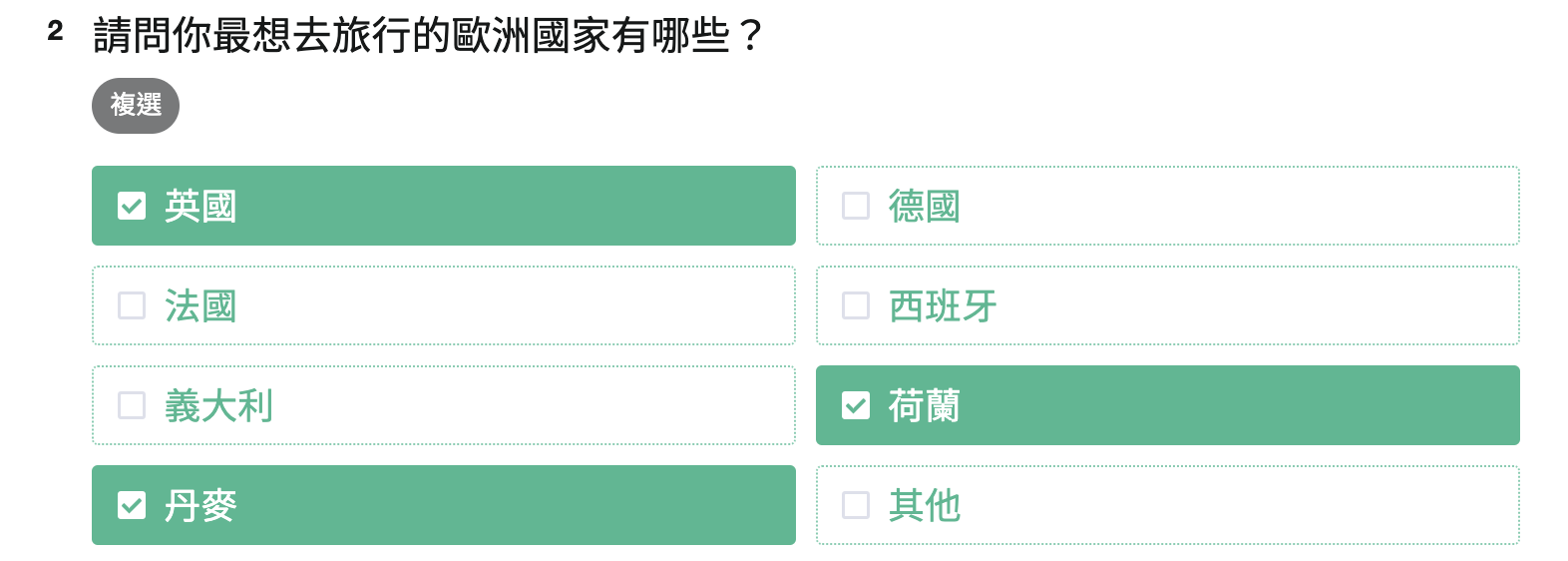 填答者在歐洲國家複選題中勾選答案的畫面
