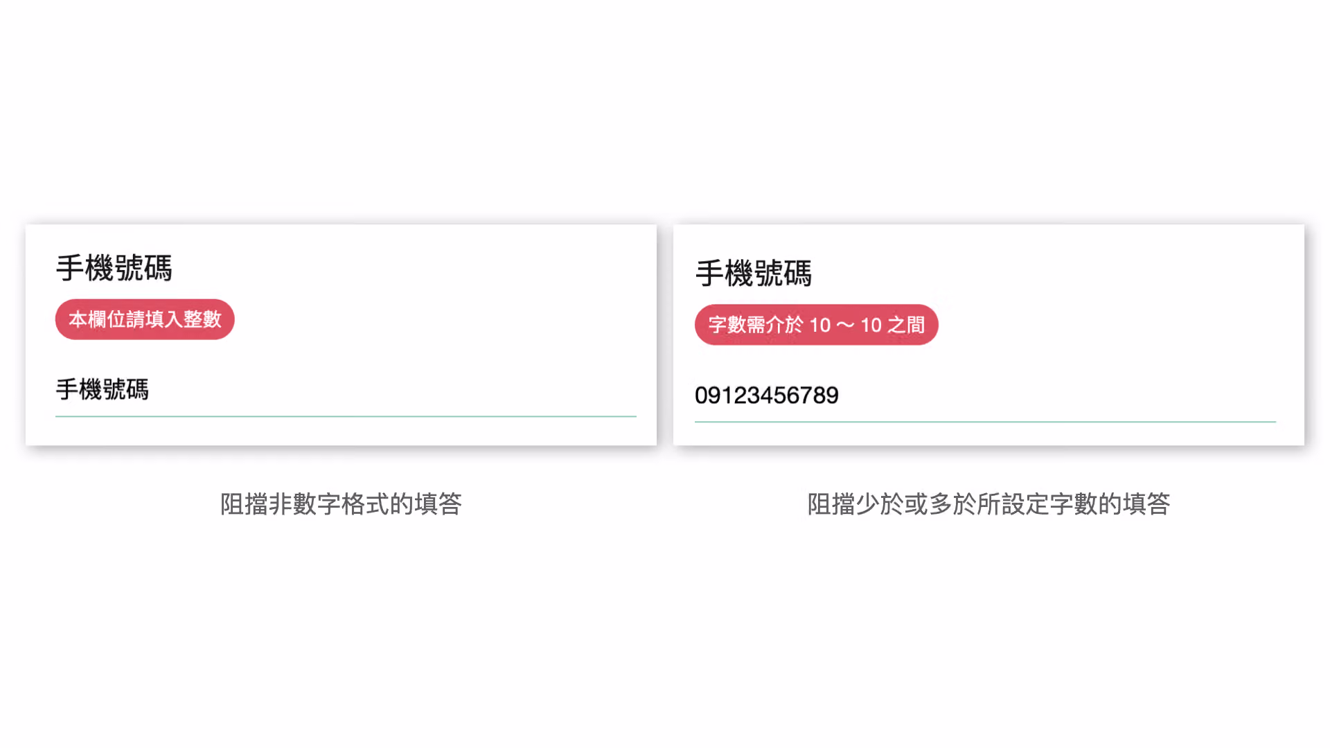 填答非數字格式或字數不符時,系統跳出提醒並阻擋