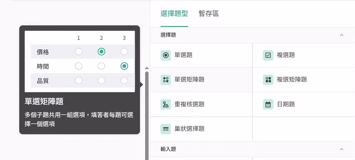 問卷編輯頁的題型選單，滑鼠停留顯示各題型的圖片與說明提示