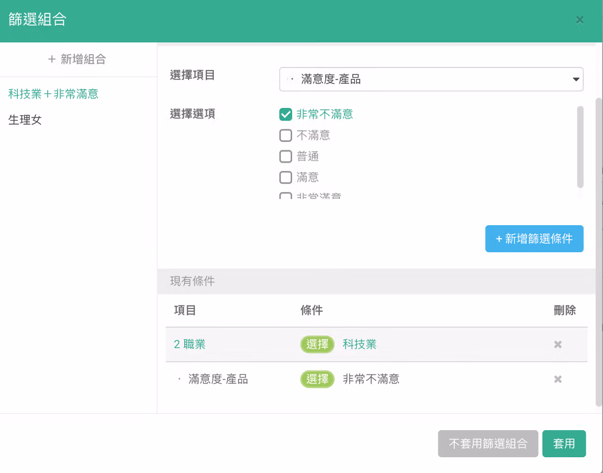 篩選組合功能設定多種條件,交叉篩選職業與滿意度等變數